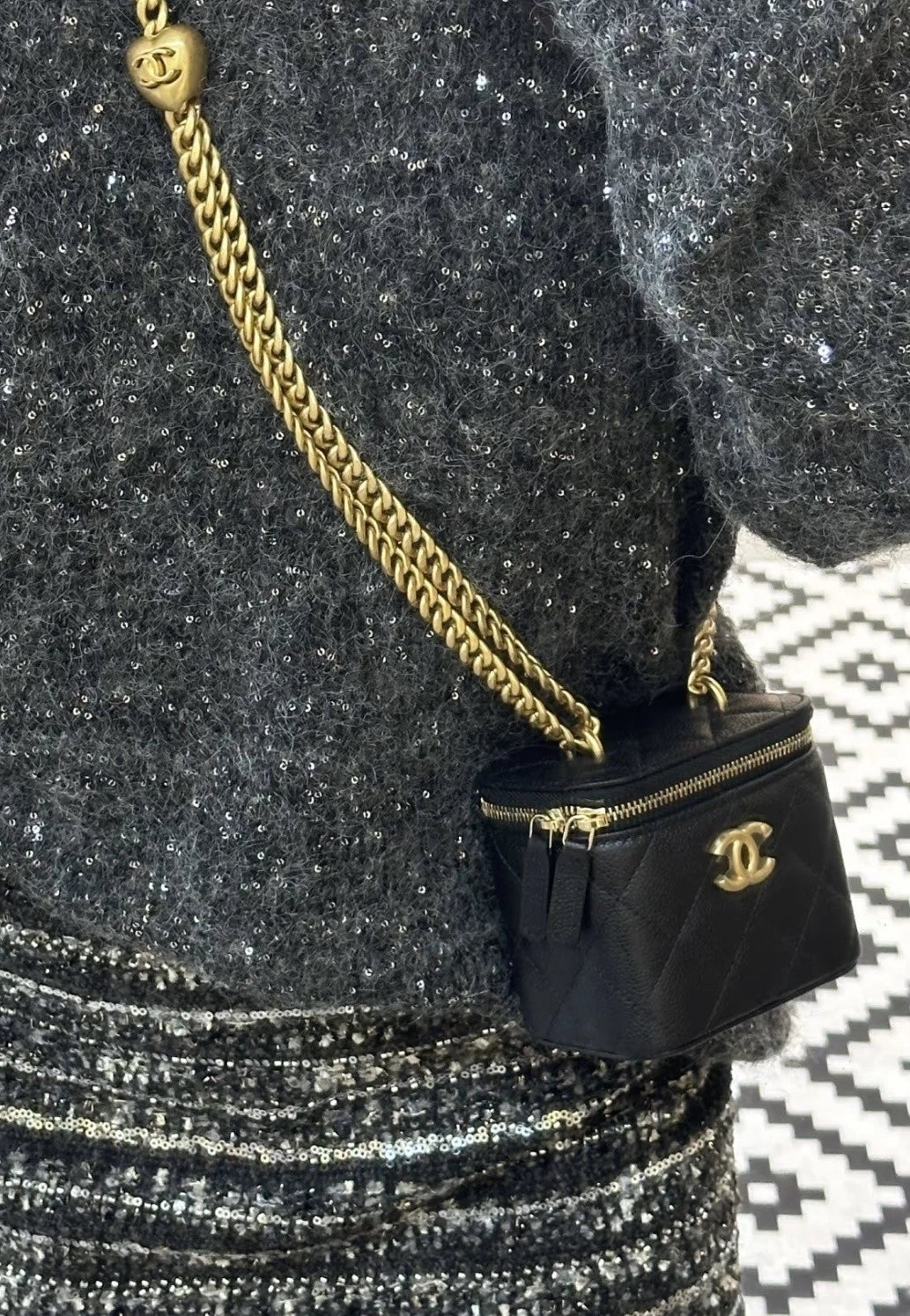 Chanel Black Leather Heart Button Mini Square Box Bag For Women