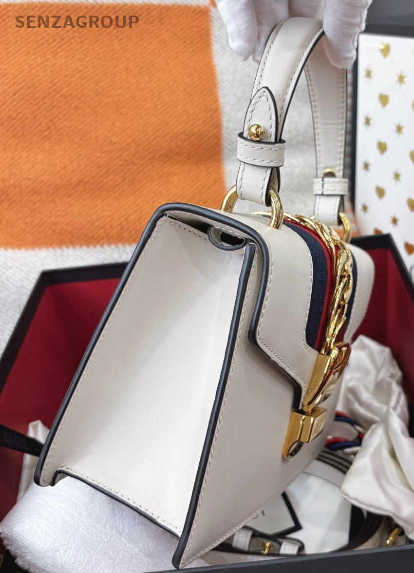 GUCCI Sylvie PM Top Handle  2WAY Shoulder Handbag White Gold Women