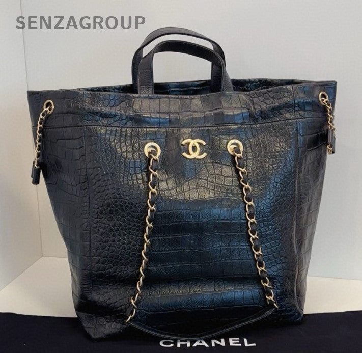 Chanel Calfskin Tote Top Handle Bag Chain Shoulder Bag Black Gold Women Classic
