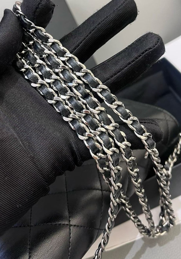 Chanel WOC Chain Lambskin Shoulder Bag Black Silver  Diamond Women Classic
