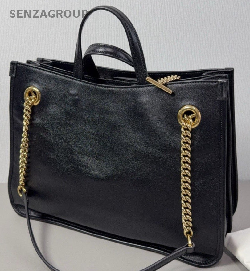 Gucci Tote Chain Handbag Shoulder Bag Black Gold Women Classic Fashion