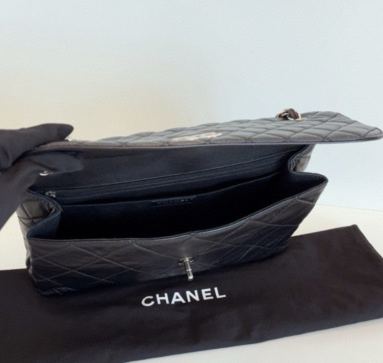 Chanel Diamond Chain Calfskin Shoulder Bag Black Silver Used Women Classic