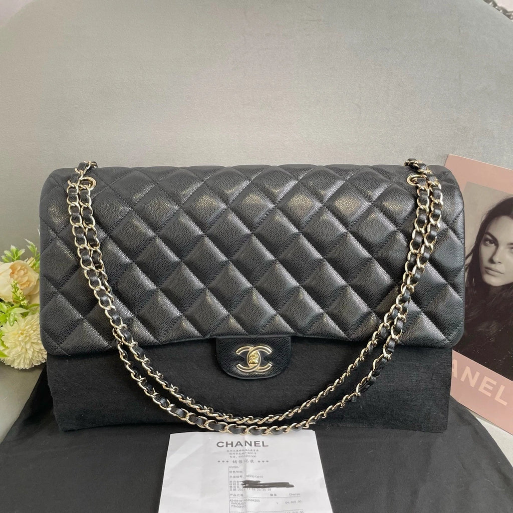 CHANEL Maxi Airport Tote Bag Black Gold Leather For Women