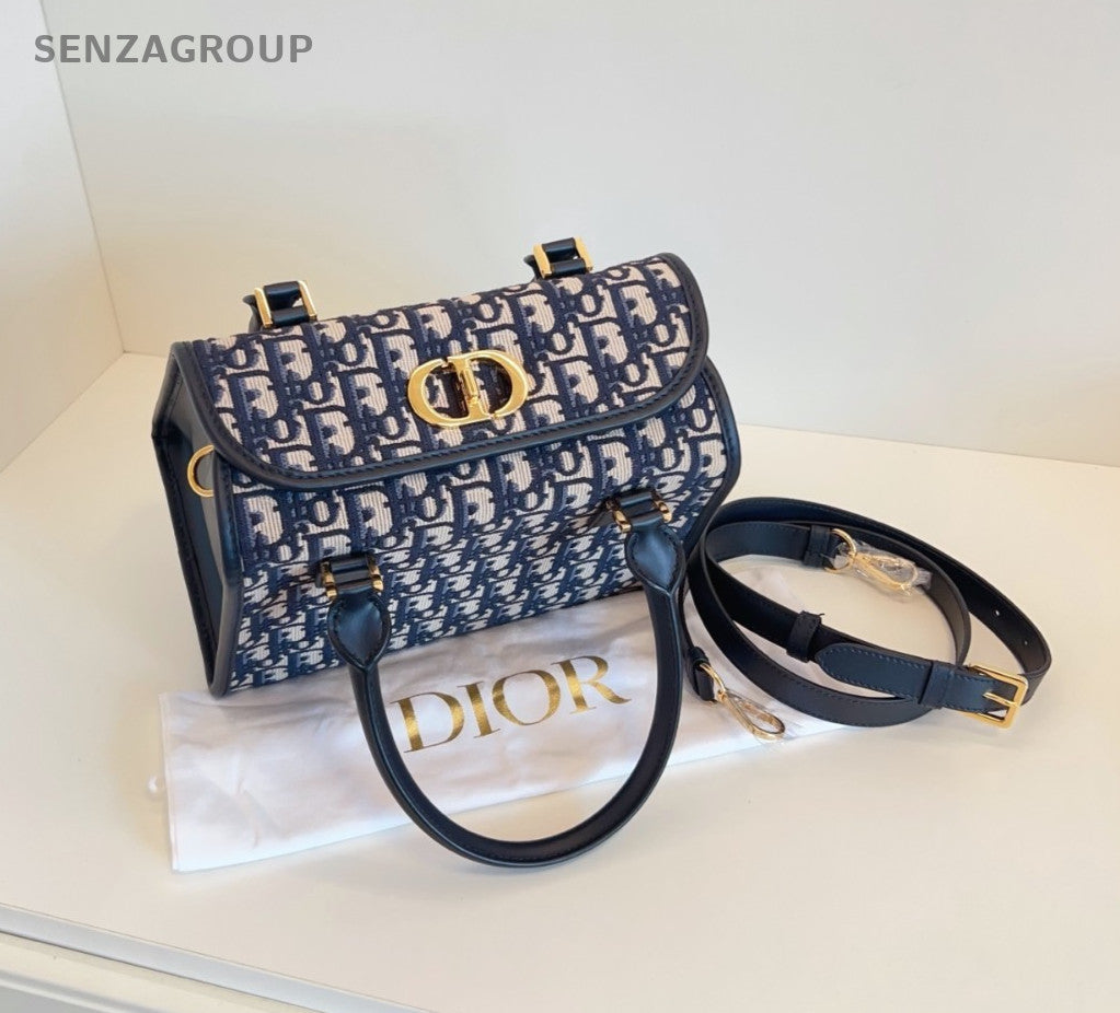 Christian Dior Boston Monogram Top Handle 2way Shoulder Handbag Blue Gold Women