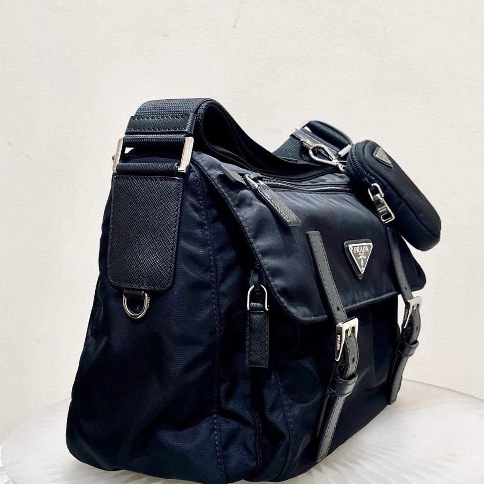 Prada Nylon Message Bag Shoulder Crossbody Bag Black Silver Hardware Unisex