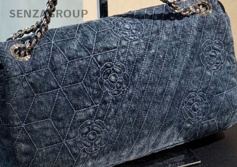 Chanel Classic Flap Denim MM Double Chains Shoulder Bag Blue Women Designer