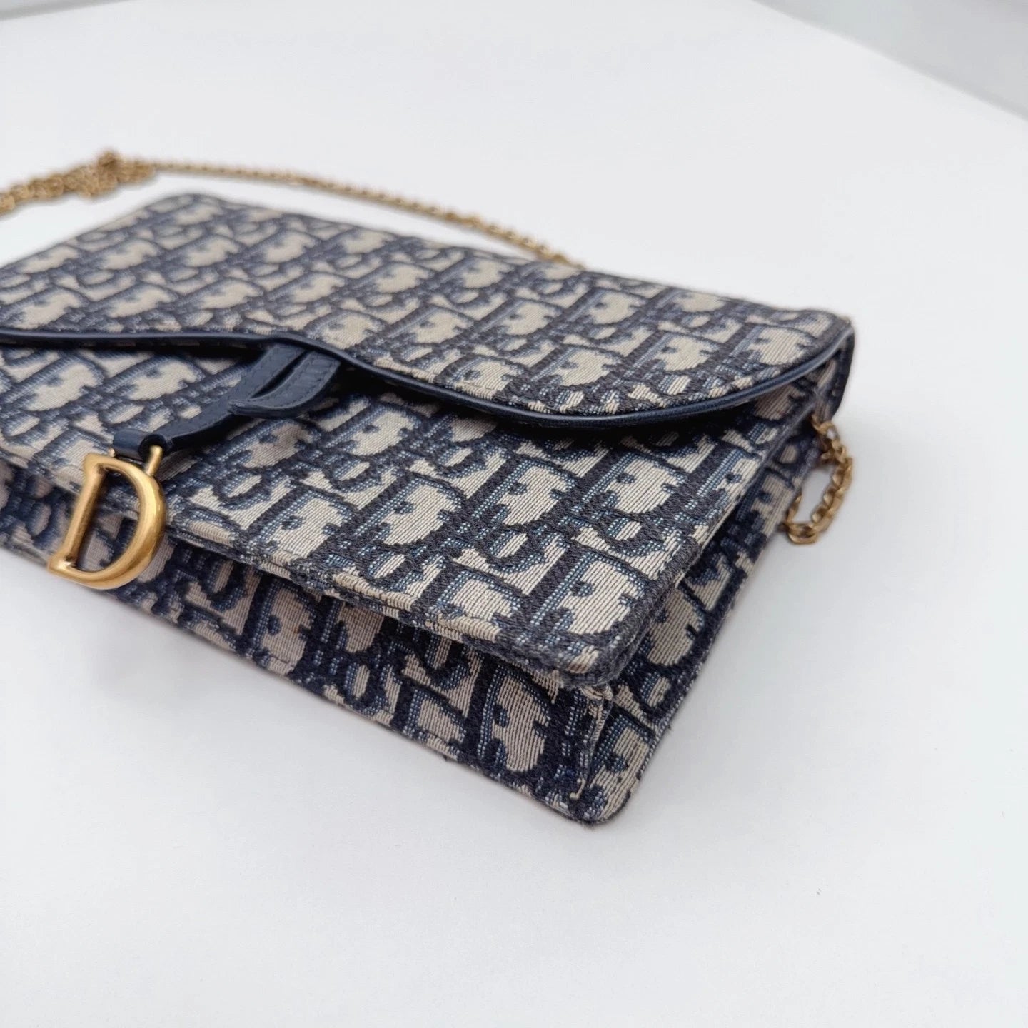 Christian Dior Oblique Canvas WOC Gold Chain Navy Shoulder Bag Crossbody