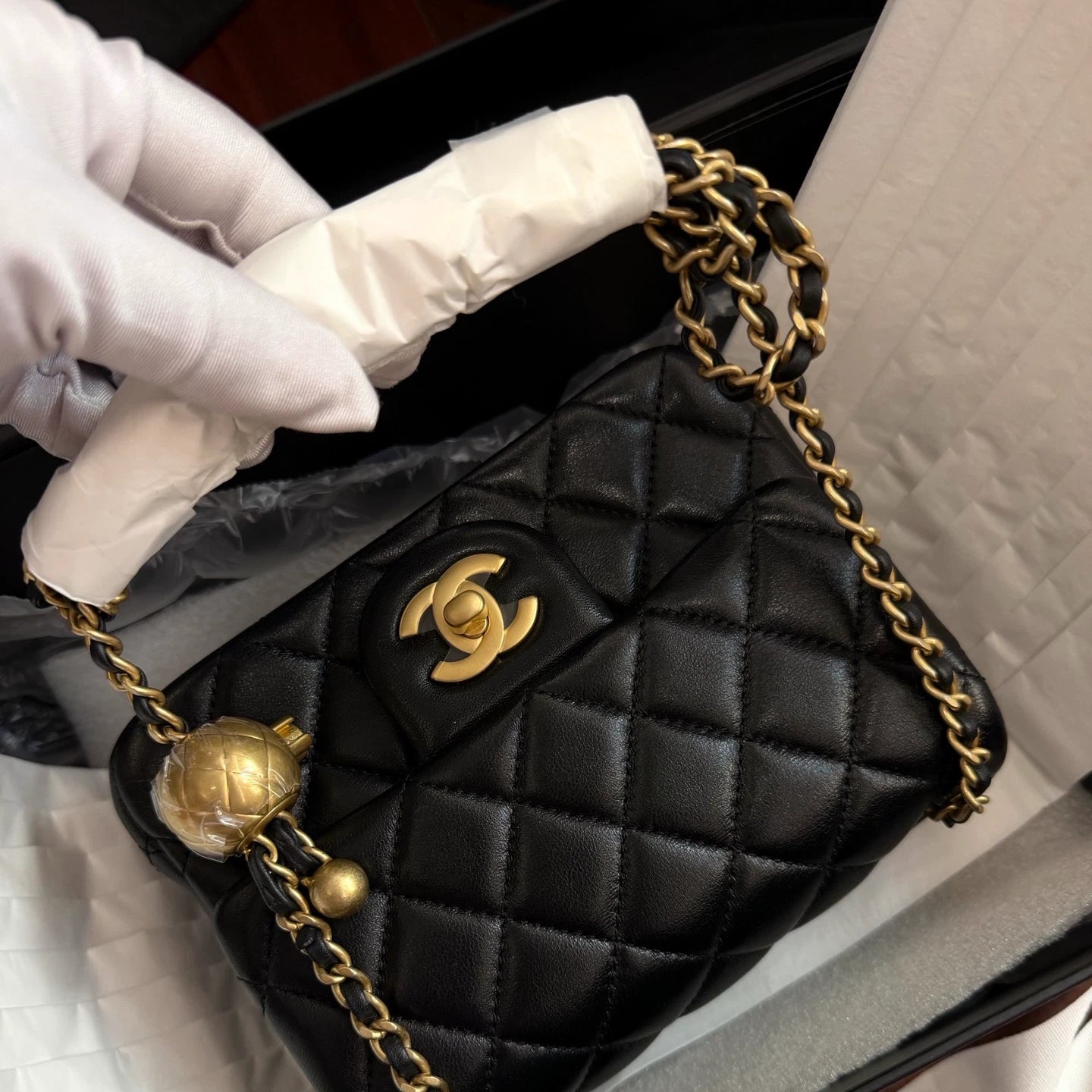 Chanel Classic Flap Chain Shoulder Bag Crossbody Black Gold Diamond Women