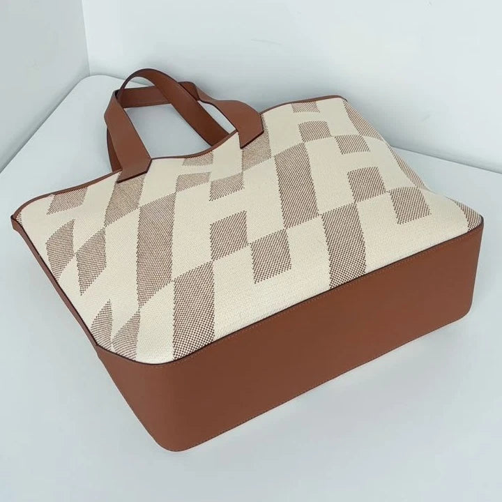 Excellent Hermes Cabas H En Biais Canvas Brown White Tote Handbag Shoulder Bag