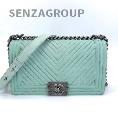 Chanel Le Boy Chevron Calfskin Chain Shoulder Bag Medium Green Silver