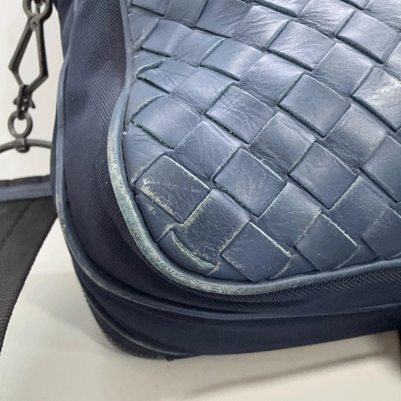 Bottega Veneta Navy Woven Leather Nylon Shoulder Crossbody Women