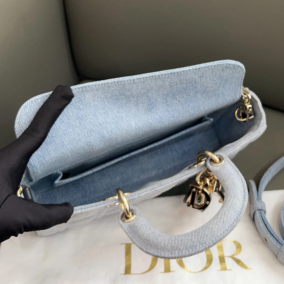 Excellent Christian Dior D-Joy PM Denim Blue Handbag Crossbody Gold Hardware