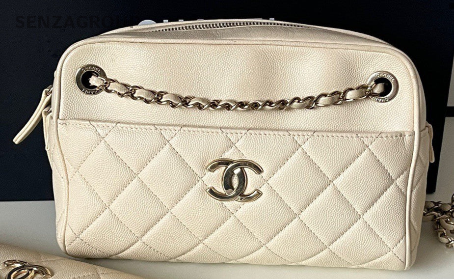 Chanel Calfskin PM Chain Shoulder Bag Crossbody Beige Silver Women Classic