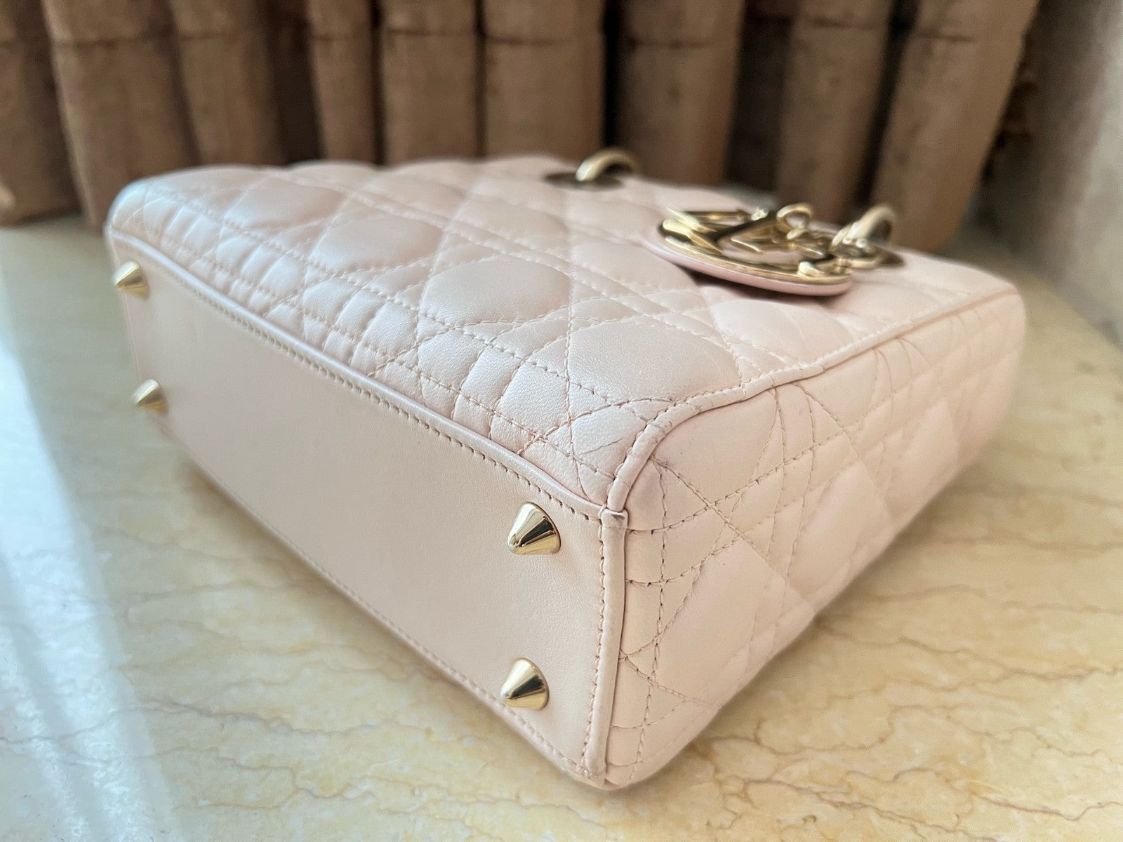 Christian Dior Lady PM Lambskin in Rose Pink with Wicker pattern Top Handle bag