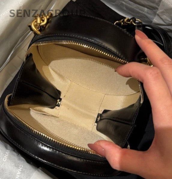Chanel CC Logo Calfskin Chain Top Handle Bag Crossbody Black Gold Women Classic