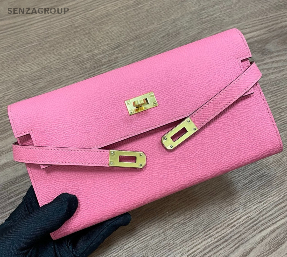 Hermes Kelly Long Wallet Epsom Pink Gold Women Classic Fashion