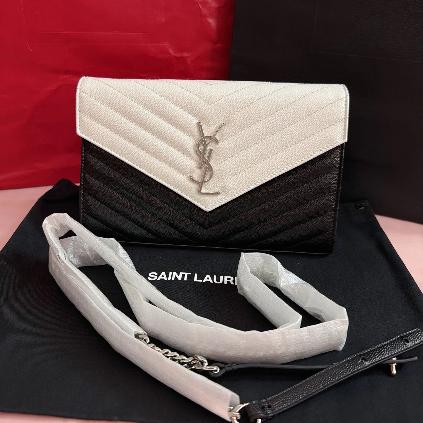 Saint Laurent Envelope MM Calfskin Chain Shoulder Crossbody Black White Women