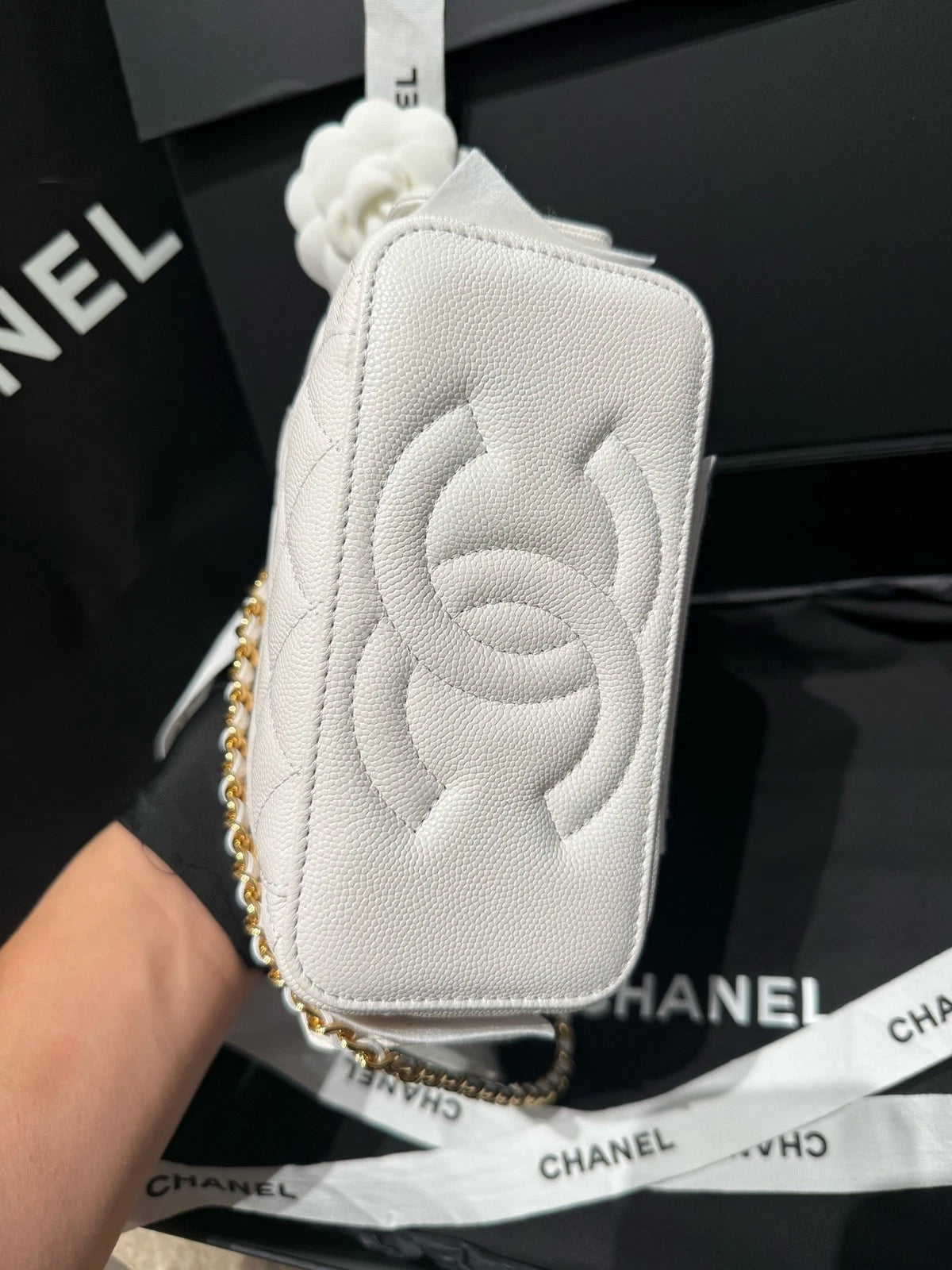 CHANEL White Gold Leather Cargo Box Bag For Women