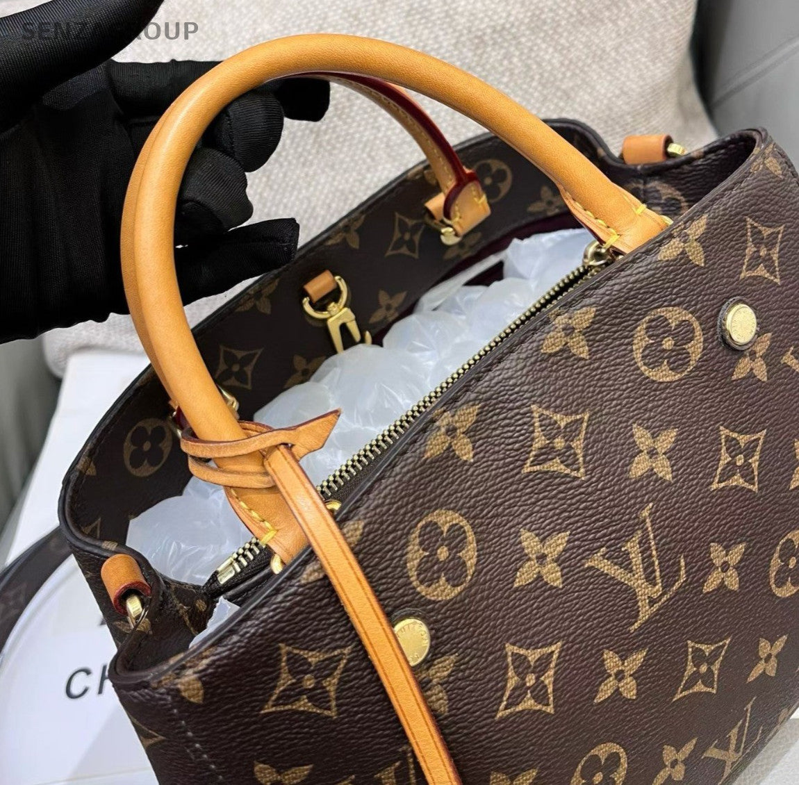 Louis Vuitton Montaigne BB Monogram Top Handle Bag Crossbody Brown Women Classic