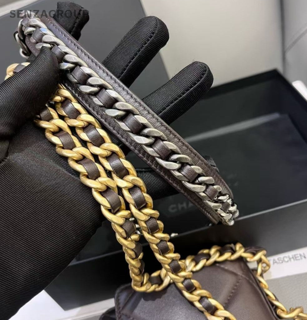 Chanel 19 WOC Chain Diamond Handbag Crossbody Chocolate Brown Gold Women Classic