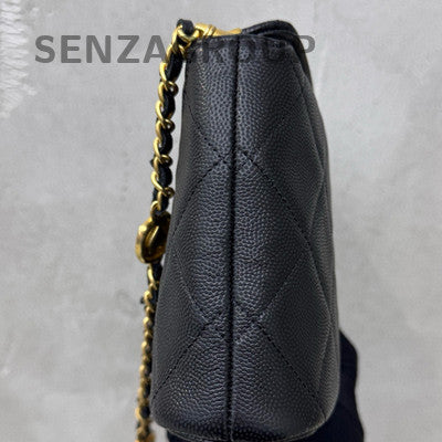 Chanel 24A Black Gold Badge Chain Shoulder Crossbody Bag Quilted Classic