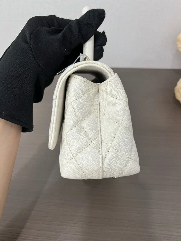 CHANEL White Leather Mini Coco Handle Bag For Women