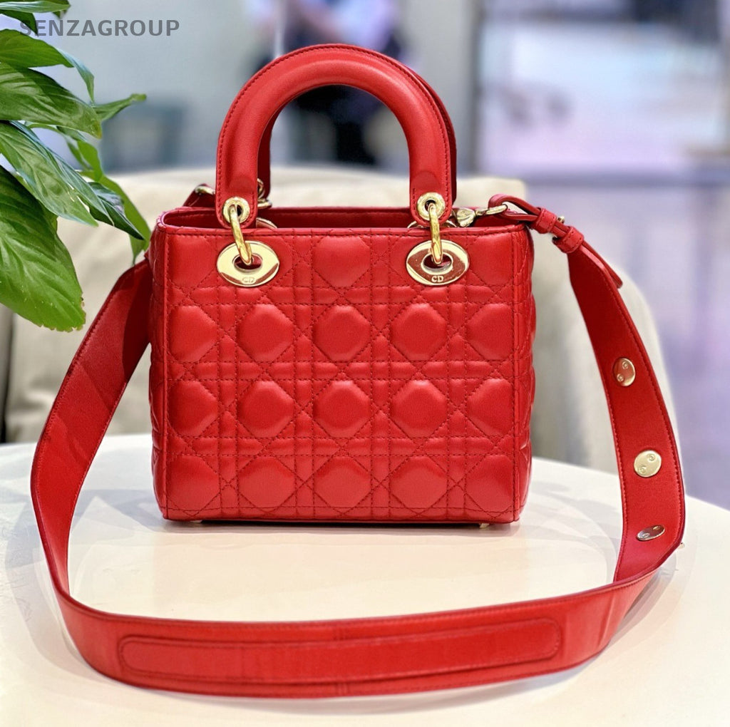 Christian Dior Lady Dior 2Way Crossbody Shoulder Bag Red Gold Women Classic