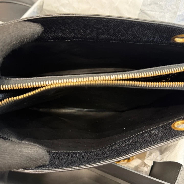 Chanel Calfskin Chain Shoulder Bag Black Gold Used Women Classic D