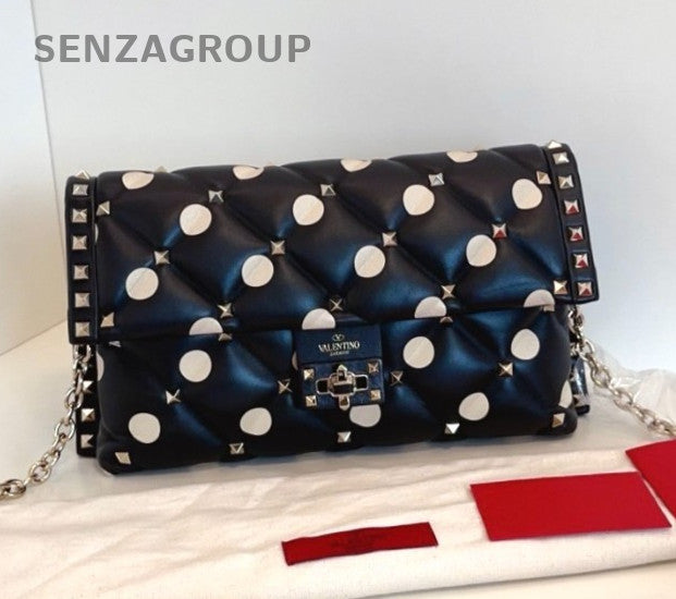 Valentino Polka dots Vintage Chain Shoulder Bag Crossbody Black White Women