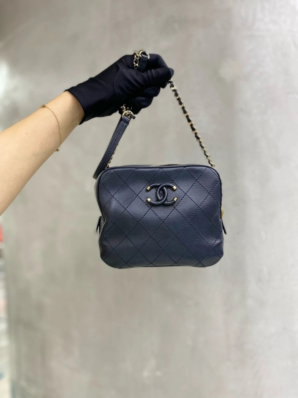 CHANEL Black Leather Gold Hardware Camera Crossbody Bag For Women