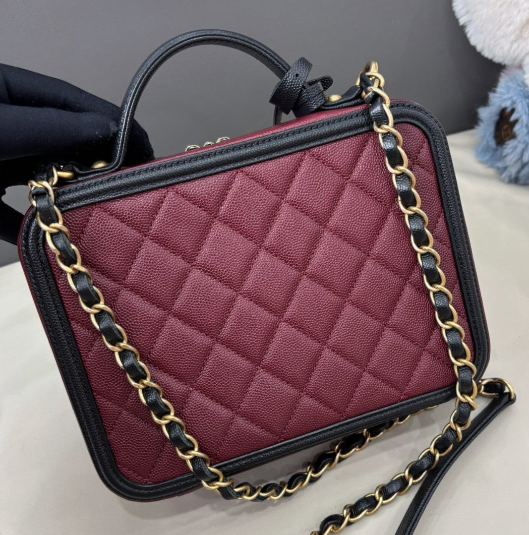 Chanel Vanity Case MM Chain Crossbody Red Black Gold Women Classic Diamond