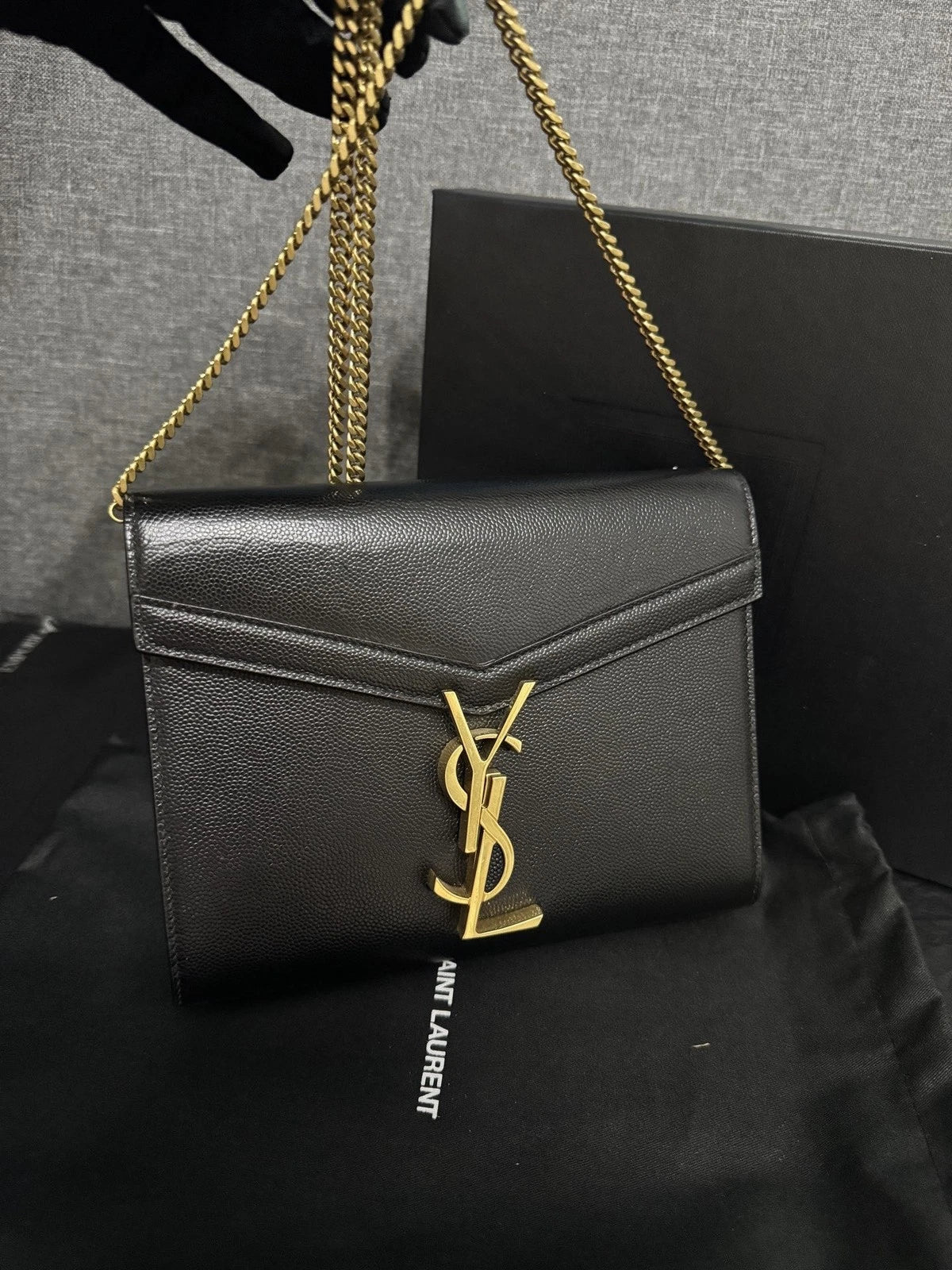 YSL CASSANDRA Gold Logo Black Envelope Shoulder Crossbody Women