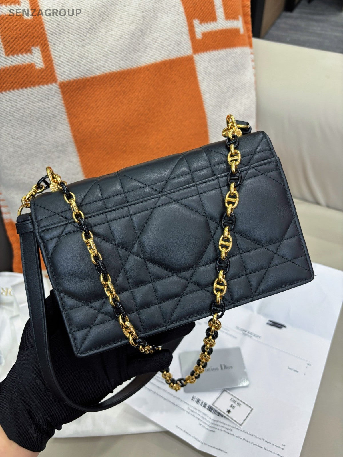 Christian Dior Caro Classic Logo Chain SHoulder bag Crossbody Black Gold Women