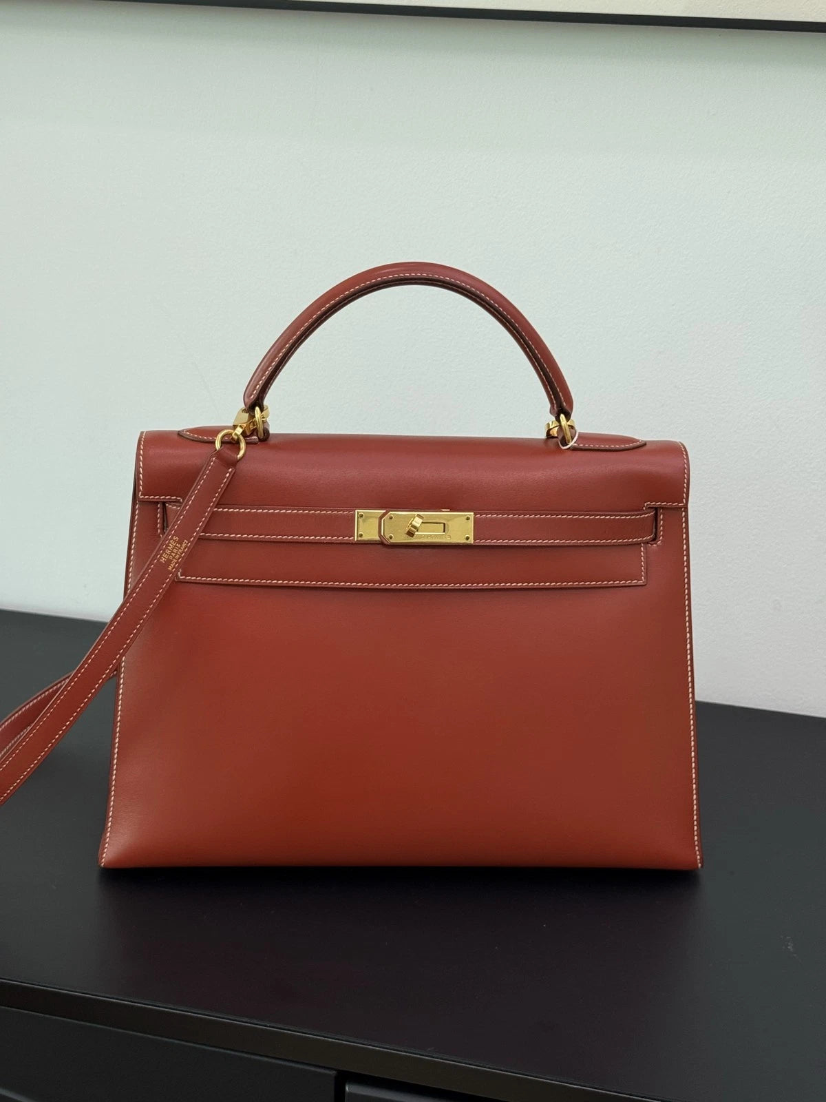 Hermes Kelly32 Top Handle Bag Crossbody Brown Gold Classic Fashion Women
