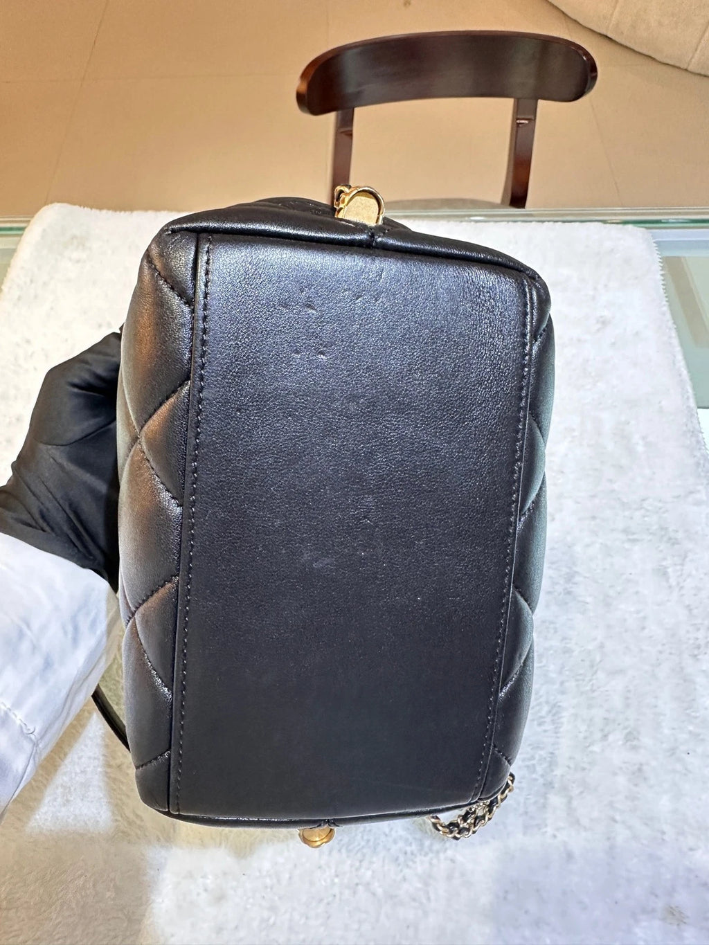 CHANEL Black Gold Leather Drawstring Bucket Bag For Women