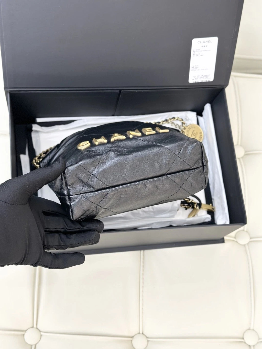 Chanel 22Bag Mini Chain Calfskin Shoulder Bag Black Gold Hardware Women S