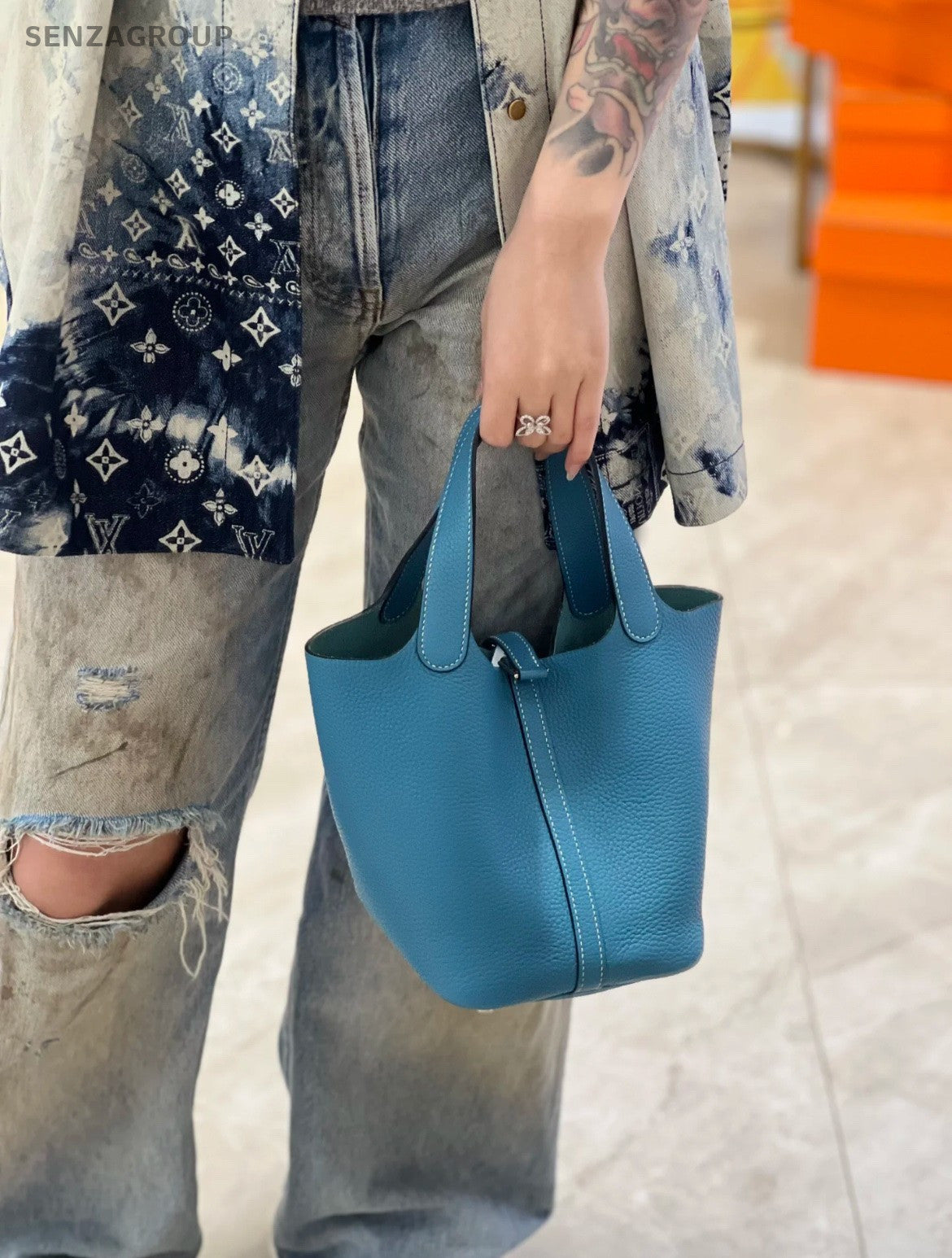Hermes Piction 18 Double Handle Classic Handbag Women Blue