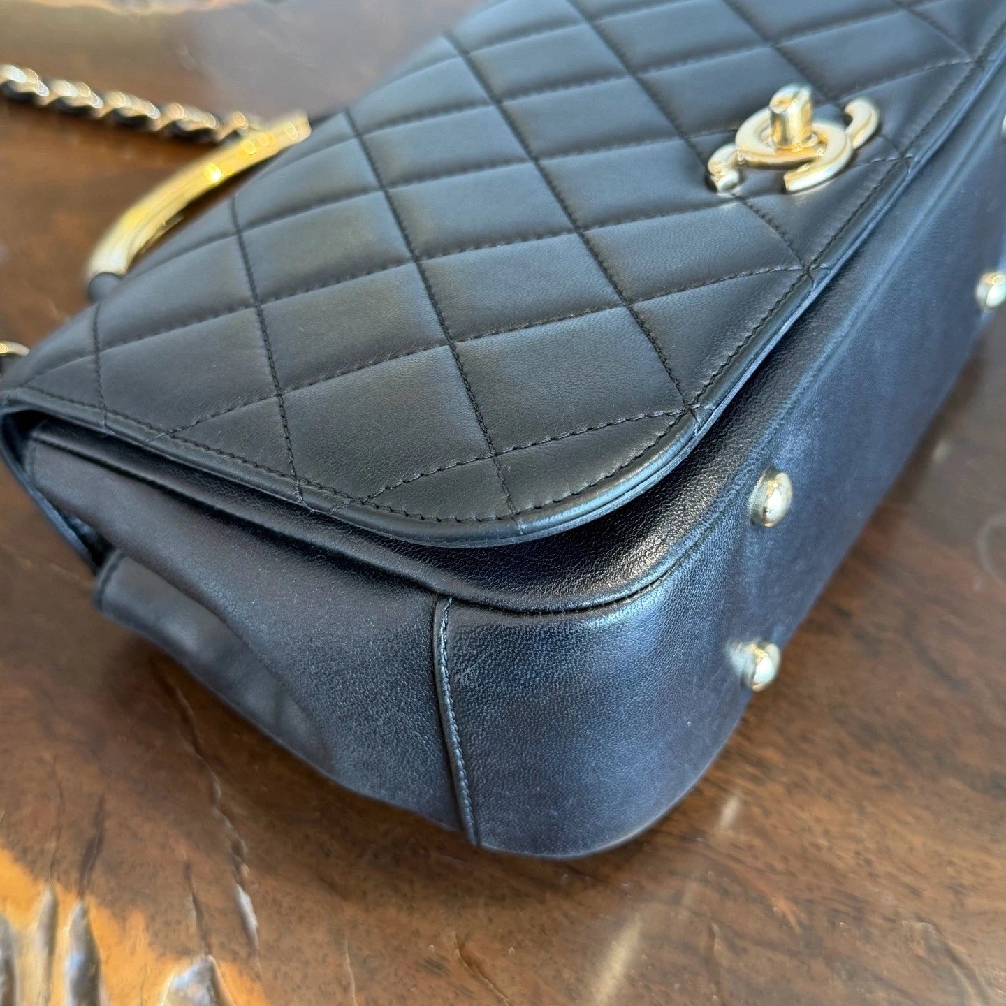 Chanel Diamond Handle Bag Chain Top Handle Crossbody Black Gold Excellent