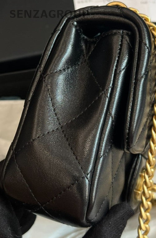 Chanel Classic Flap Lambskin Mini Chain Shoulder Bag Black Gold Women Designer