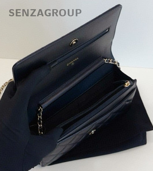 Chanel WOC Chain Shoulder Bag Crossbody Black Gold Diamond Women Classic