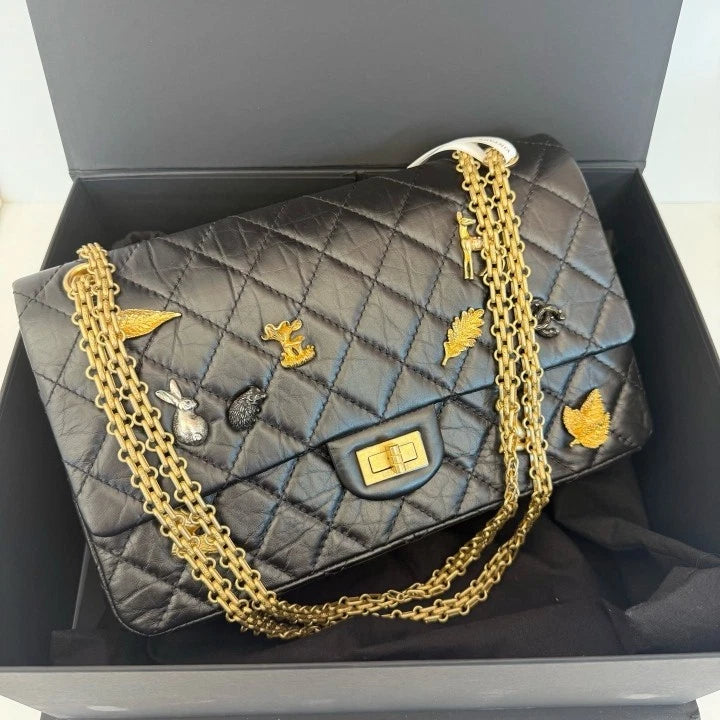 CHANEL 2.55 Medium Animal Badge Leather Shoulder Bag Black Gold Women