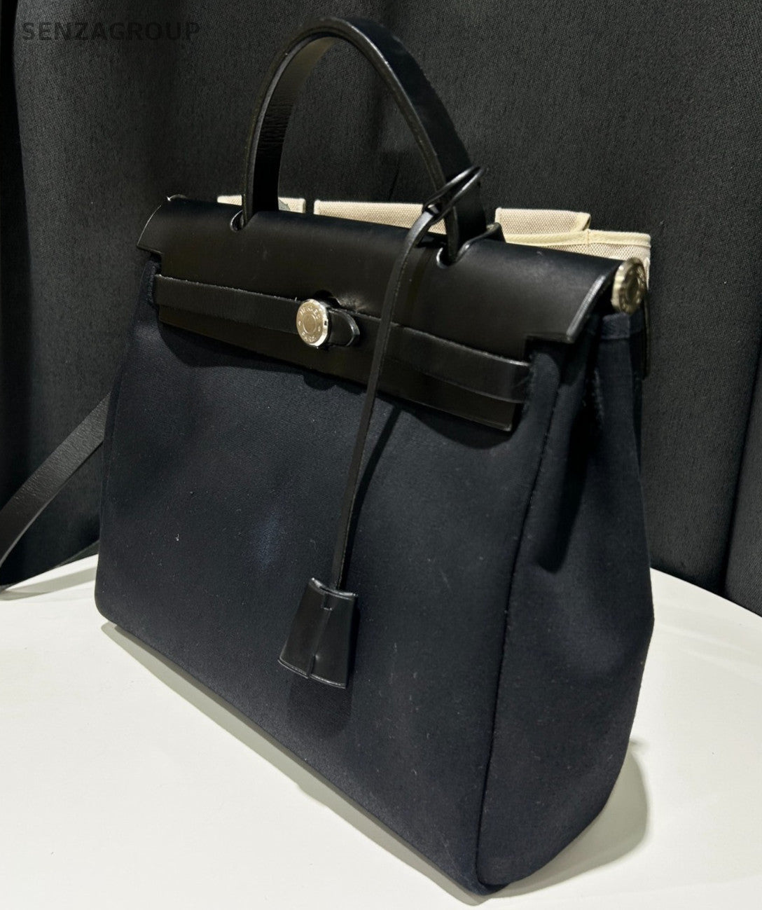 Hermes Herbag31 Top Handle Canvas Shoulder Handbag Black White Classic