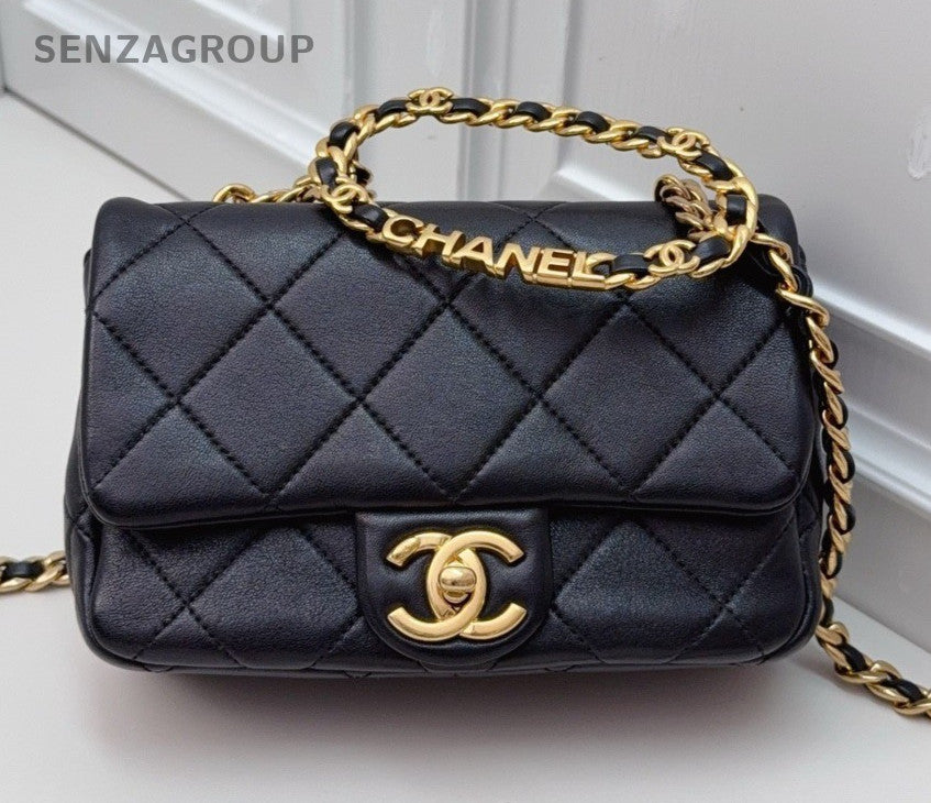 Chanel Diamond PM Black Gold Diamond Top Handle Bag Chain Crossbody Women