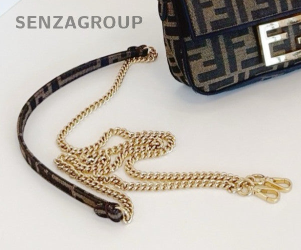 Fendi Baguette Mini Top Handle Bag Chain Crossbody Brown Gold Women Classic