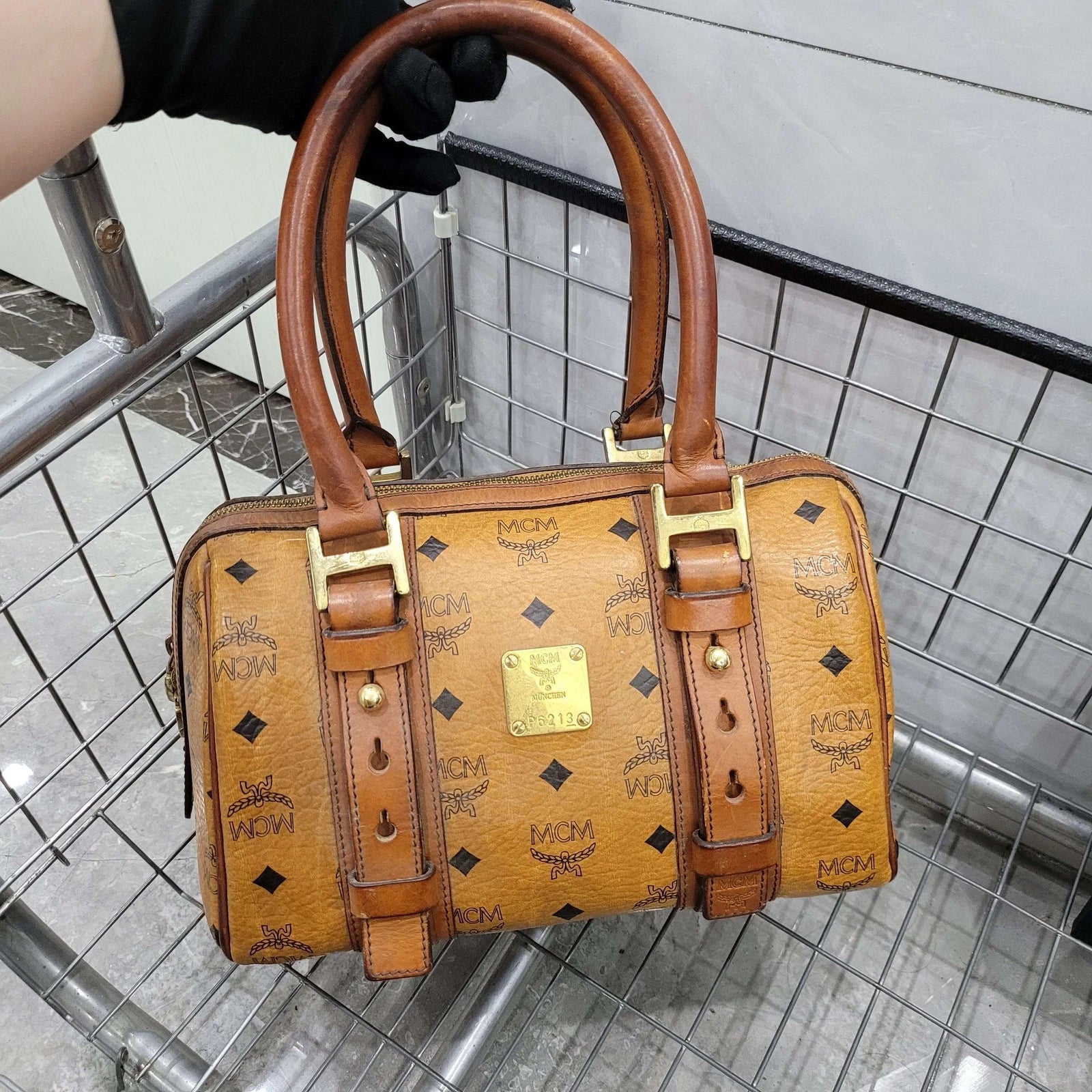 MCM Cognac Monogram PVC Boston Pillow Shoulder Handbag Women