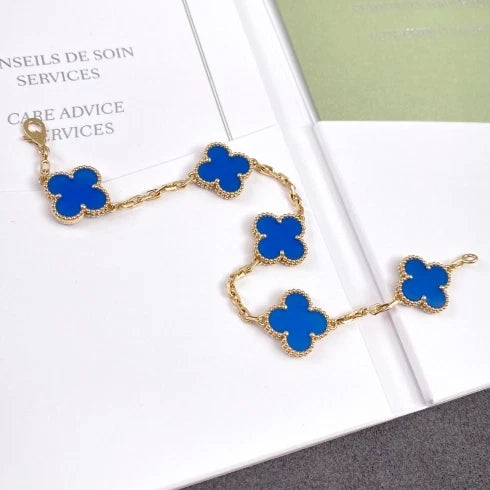 Van Cleef &amp; Arpels Vintage Alhambra 5 Motifs Blue Agate Bracelet 18k Yellow Gold