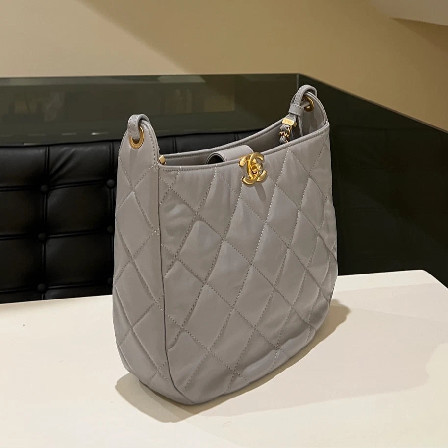 Authentic CHANEL Fog Grey Hippie Underarm Shoulder Bag