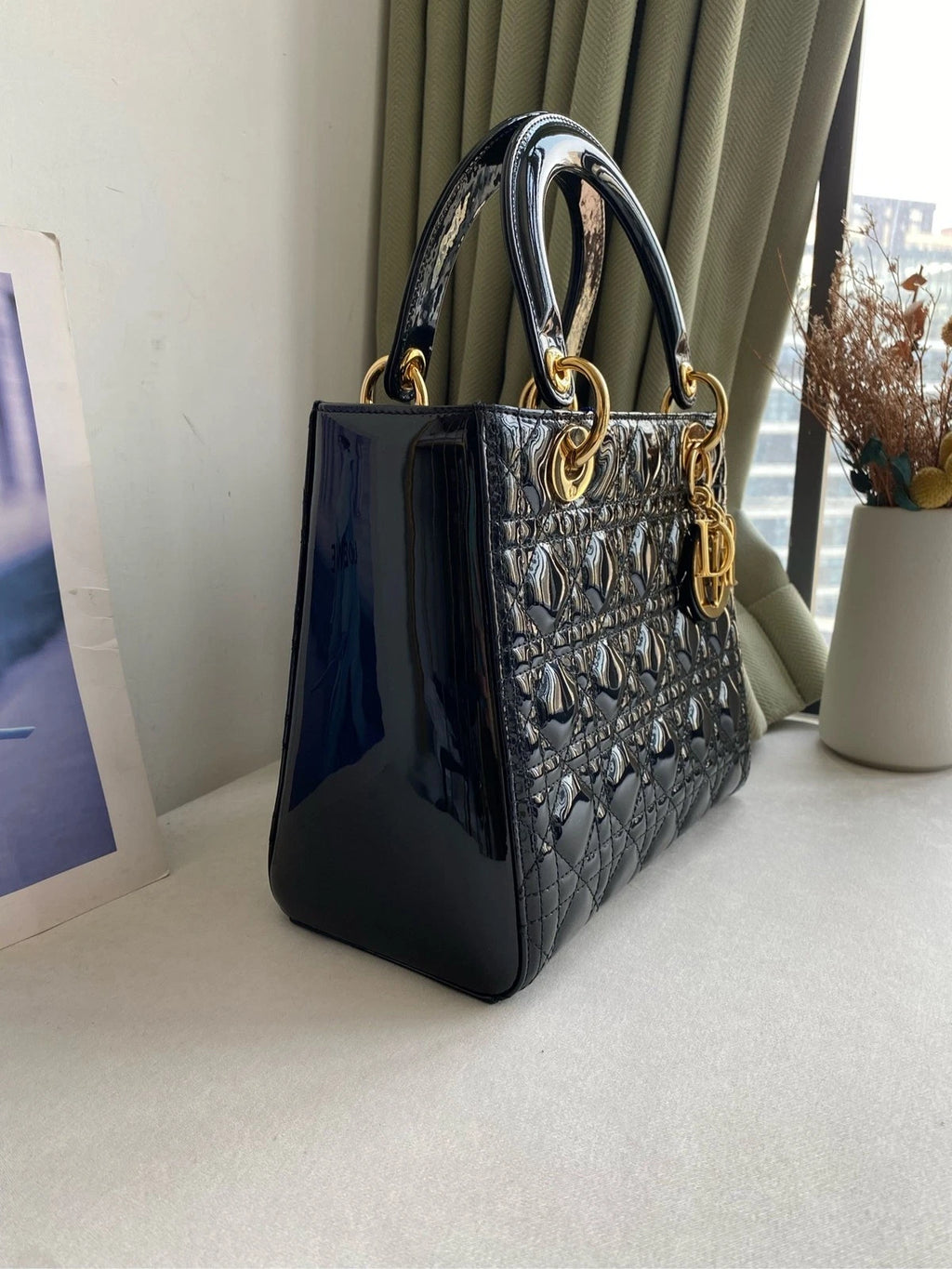 Dior Black Gold Patent Leather Lady Dior Handbag Shoulder Bag For Women