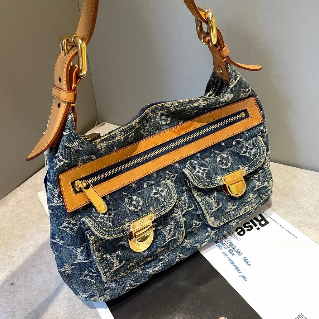 Louis Vuitton Baggy Denim Shoulder Bag Blue Gold Used Women Monogram Vintage