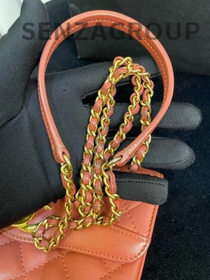 Chanel Accordion Bag Orange Red Gold Hardware Quilted Chain Shoulder Bag